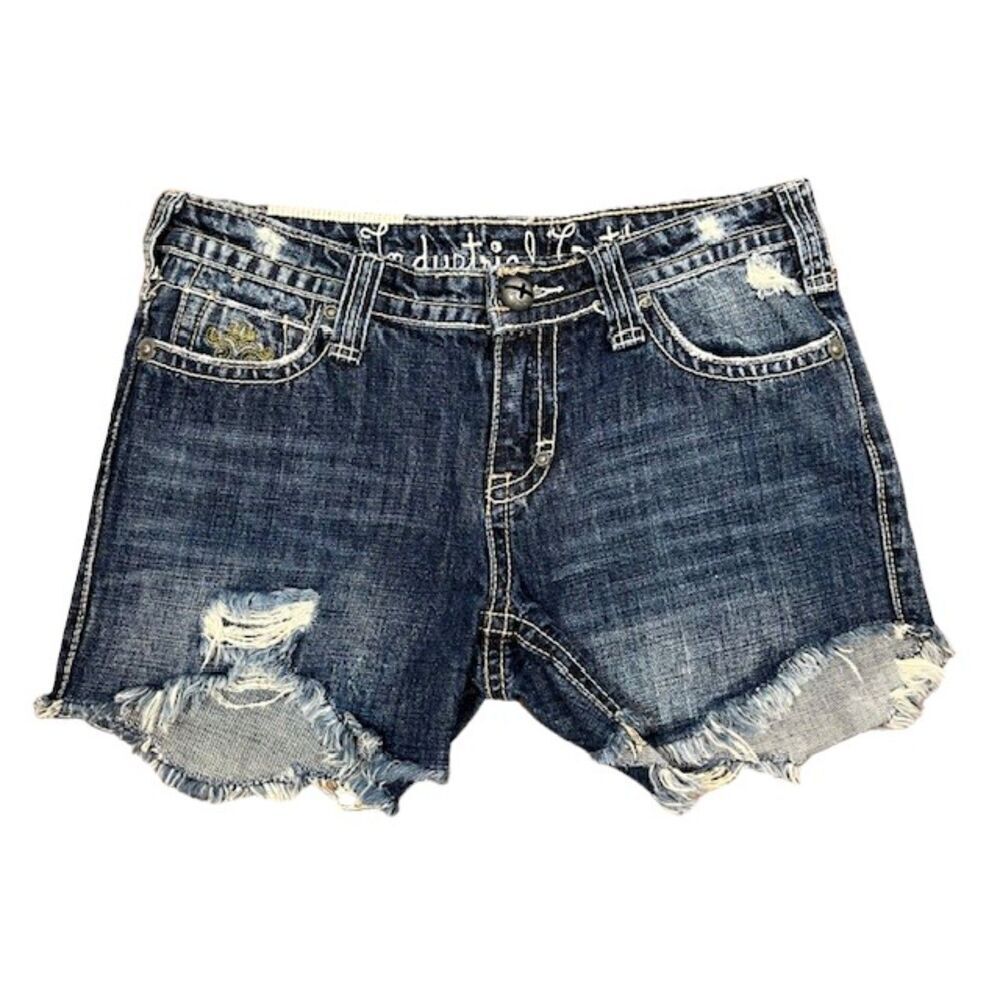 Industrial Cotton Distressed Denim Jean Shorts Embroidered Blue Size‎ 5 Y2K Boho